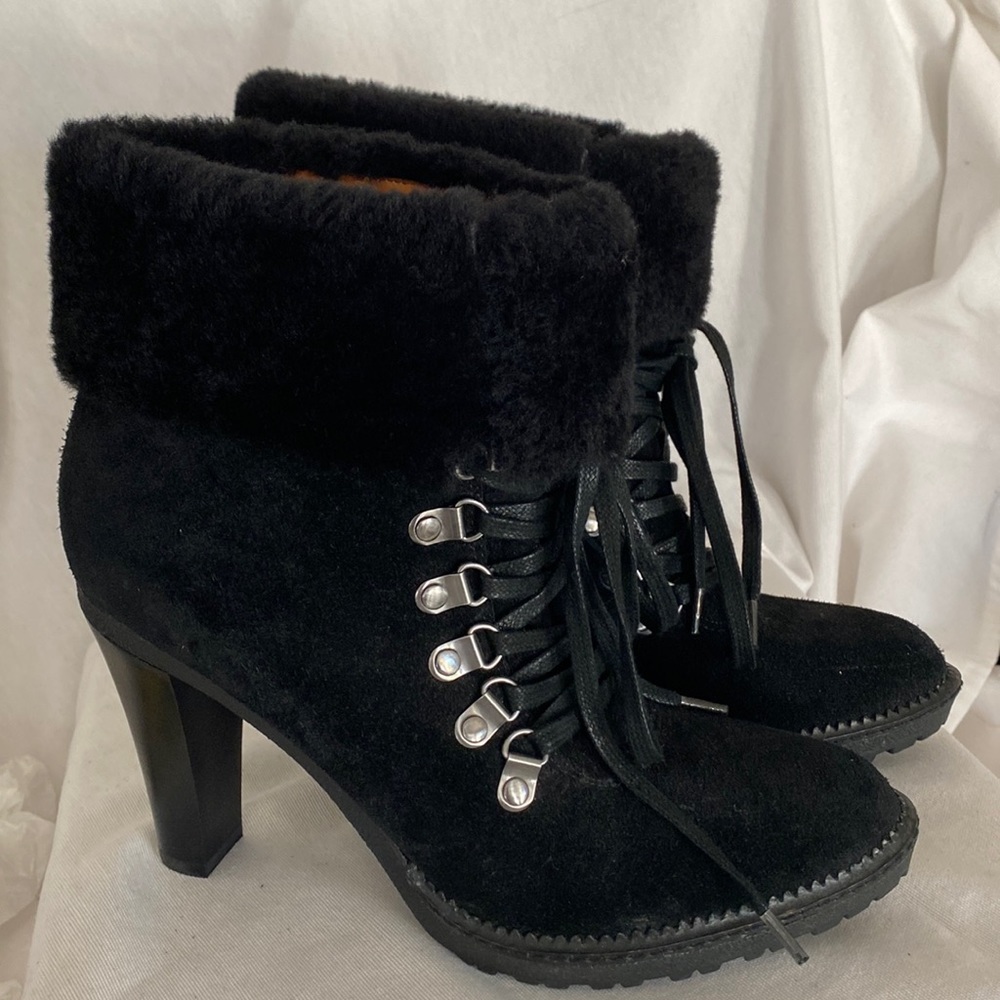 Via Spiga Black Suede Bootie with fur top slip resisted sole. New